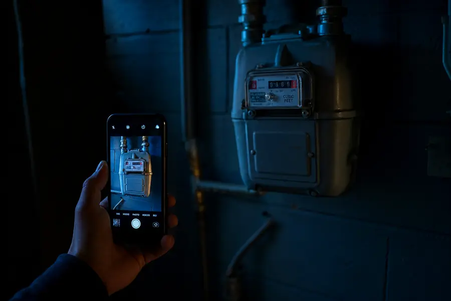 Personne photographiant l’index de son compteur de gaz avec un smartphone