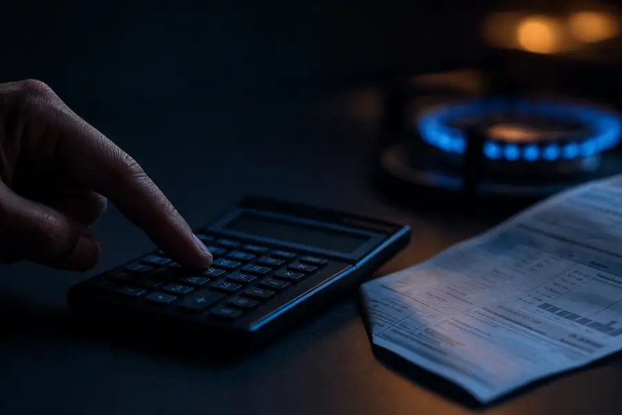 Calculatrice et facture d’énergie posées sur un plan de travail sombre