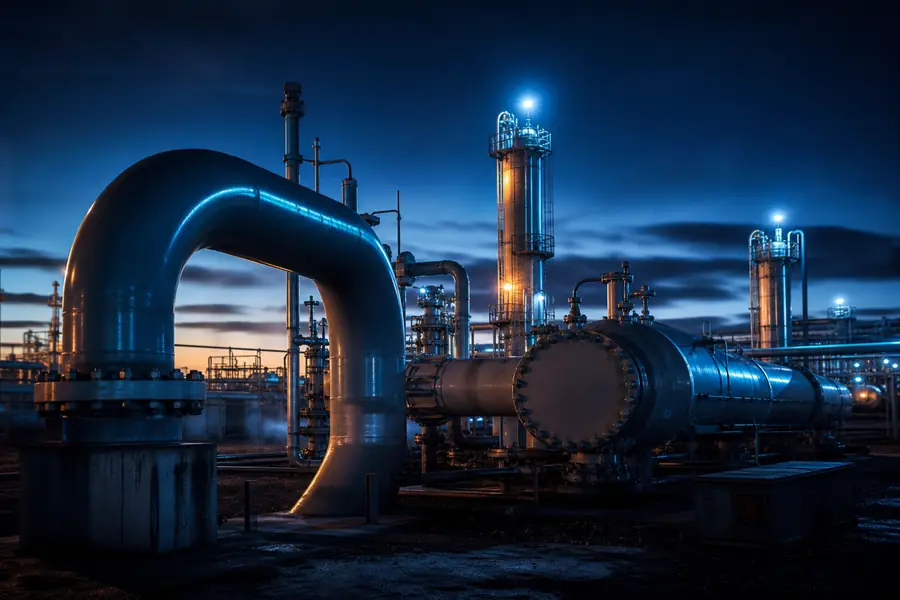 Installation gazière au crépuscule, illustrant l’évolution du marché du gaz