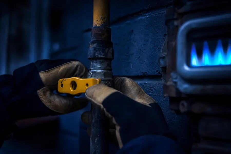 Technicien manipulant une vanne de coupure sur une alimentation de gaz résidentielle